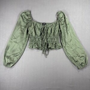 Mixed Threads Crop Top Women Medium Green Excellent Satin Smocked Puff Sleeve